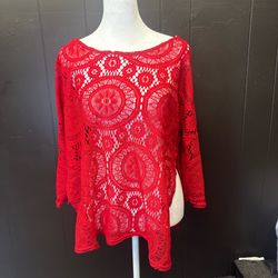 Red Crochet Lace Tunic Cover Up Top Boho Beach Festival Sheer Knit Size S
