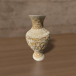 19"T WHITE CINNABAR VASE WITH DEEP RELIEF CARVINGS DEPICTING MEN IN VARIOUS DAILY LIFE SCENES. BRASS CENTER.