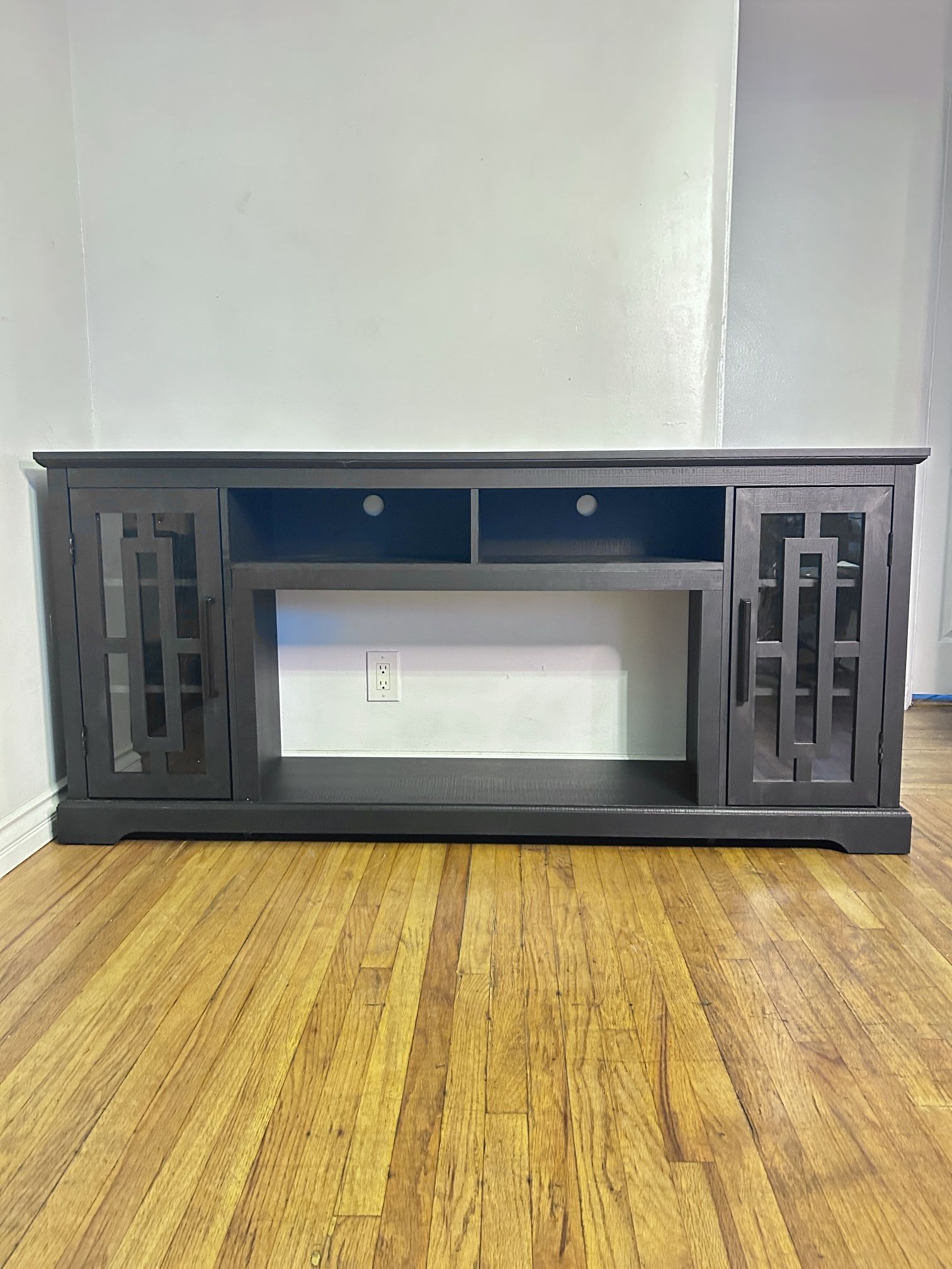 New Farmhouse Fireplace TV Stand for 80 Inch TV, 32" Tall Entertainment Center, Modern Media Console, 6 Shelves Black