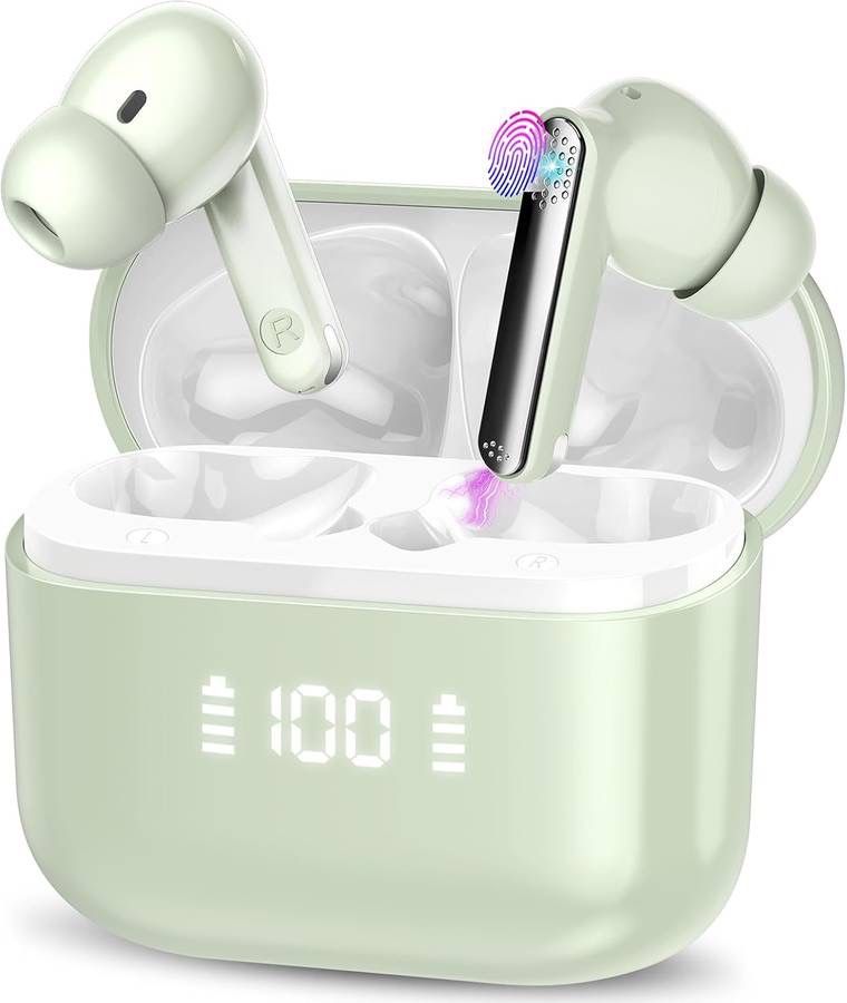 new Wireless Earbuds Bluetooth 5.3 Headphones 48H Playback Deep Bass Stereo Ear Buds with HD Mic LED Display in Ear Earphones, Green