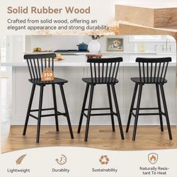 Upgraded Windsor Wooden Black Bar Stools Set of 3, 30 Inch
