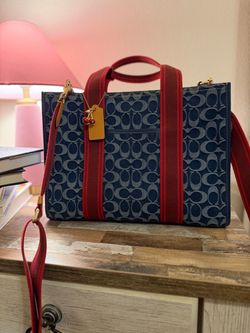 COACH Smith tote in denim with cherry charm