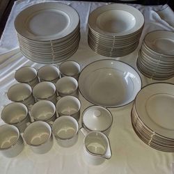 JC Penny Home Collection 63 piece Regency Gold dinnerware set white with Gold band and rim service for 12 people see last photo for item breakdown A95
