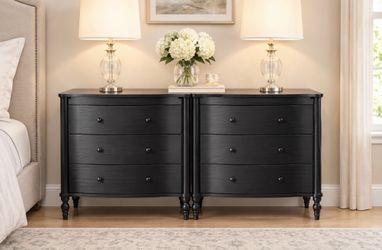 33”W ,Curved Design Wooden Nightstand set of 2 ,with 3 Drawer,Closet Dresser Wide Chest of Drawers with Rubberwood Legs ,Black (set of 2)