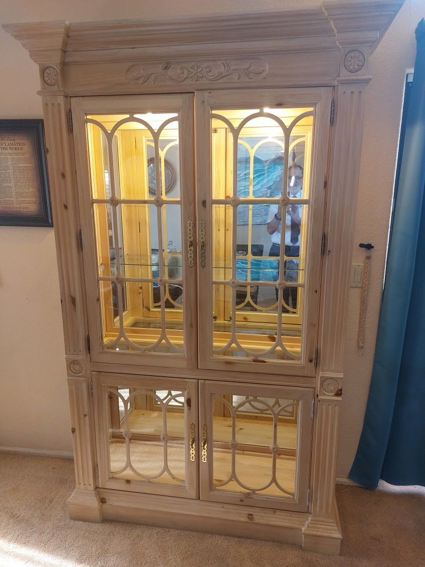 Pine Curio Cabinet w/ LED Lights - Made in USA