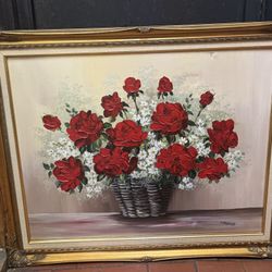 Large Oil Painting – Red Roses, Gold Frame
