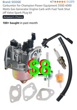 Carburetor for Champion Power Equipment 3(contact info removed) Watts Gas Generator Engine Carb with Fuel Tank Shut off Valve Spark Plug kit
