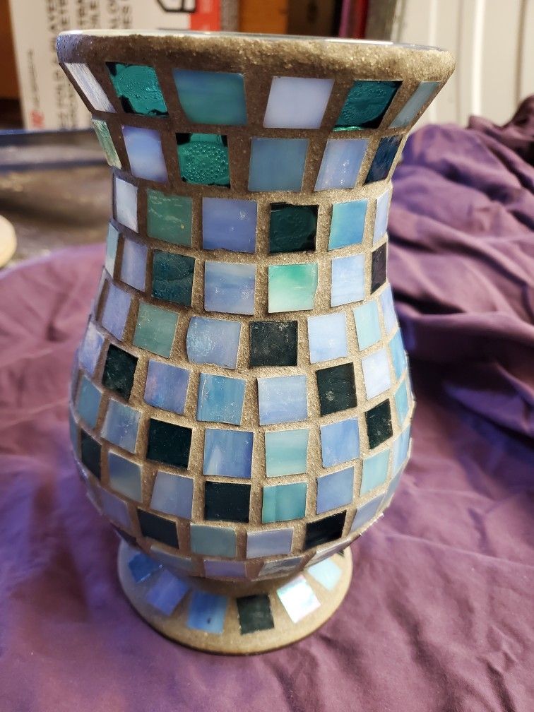 Heavy Gray Stone Blue Mosaic Vase