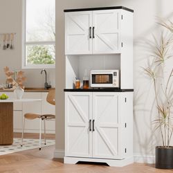74" Farmhouse Kitchen Food Pantry with 4 Barn Doors and 1 Microwave Shelf, White Kitchen Storage Cabinet with 8 Door Shelves, 5 Adjustable Shelves, an