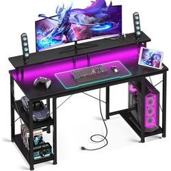 ODK 48 inch Gaming Desk with LED Lights & Power Outlets, Computer Desk with Monitor Stand & Storage Sheves, CPU Stand, Home Office Desk, Black