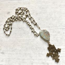 Ethiopian Cross Chalcedony Beaded Pendant Necklace 