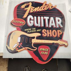 Huge Parts  Fender Guitar Music  Faux Vintage Embossed Metal Sign 