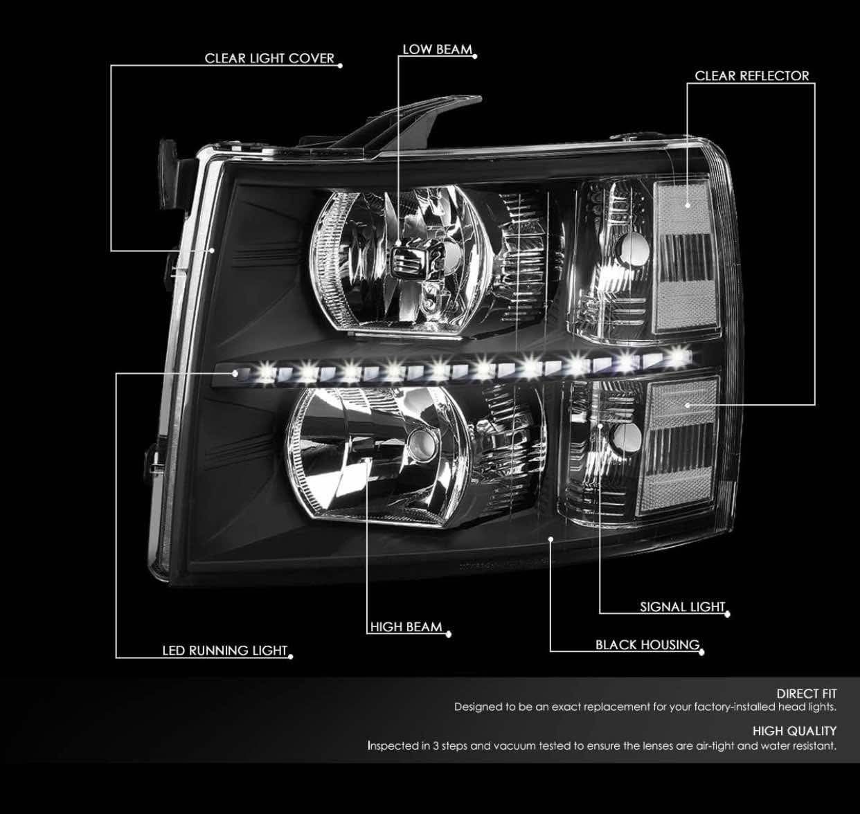 #HL-LED-CSIL07-BK-CL1 ) LED DRL Headlights Compatible with 07-13 Chevy Silverado 1500 07-14 Silverado 2500 3500 HD, Black/Clear $70