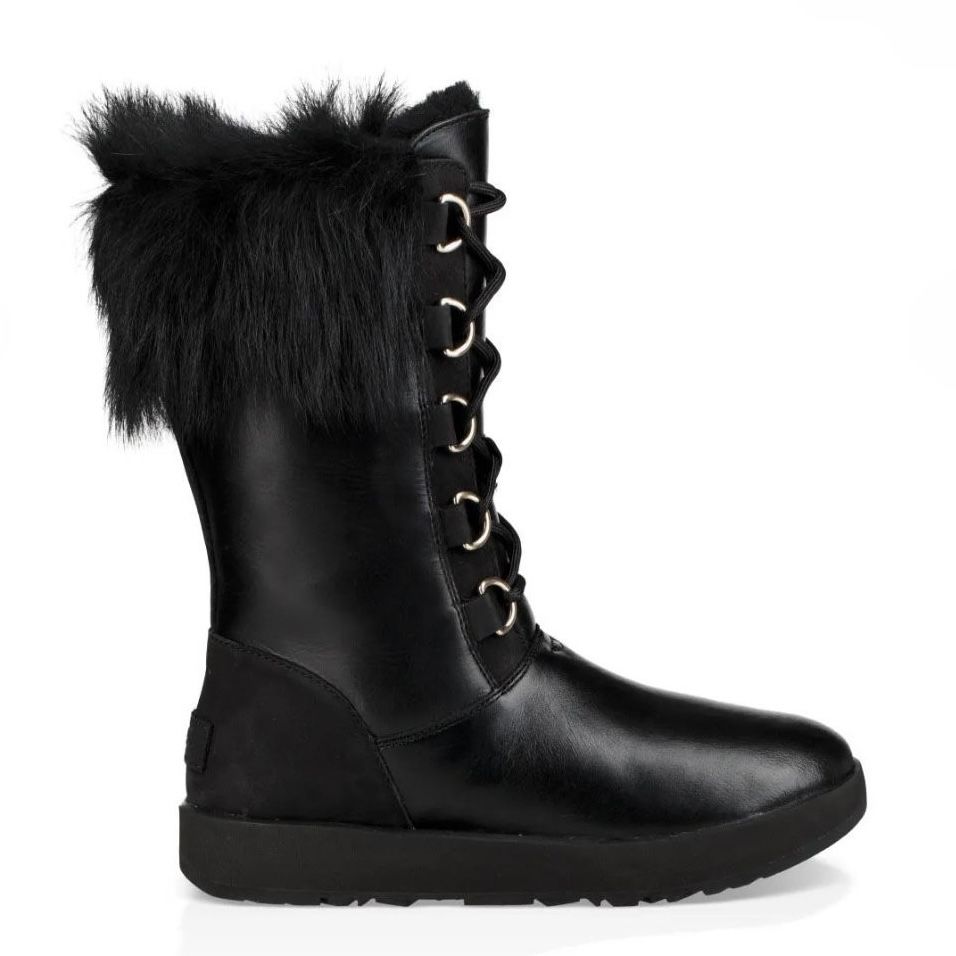 UGG AYA Black Waterproof Leather Fur Cuff Tall Snow Boots