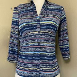 I.E. Relaxed Blue Retro Striped Nylon Button Up Shirt Tunic Semi-sheer Stretch S