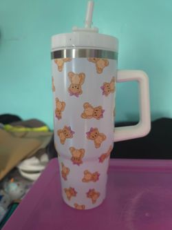 Teddy Bear Print Tumbler with Handle and Straw