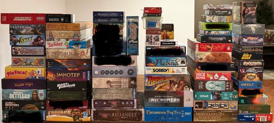 Board Games: Cascadia, Twilight Struggle, Villainous, Carcassone Big Box, Deus +100 others
