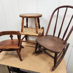 Lot Of 4 Antique Vintage Furniture Stool Rocking Chair Milking 