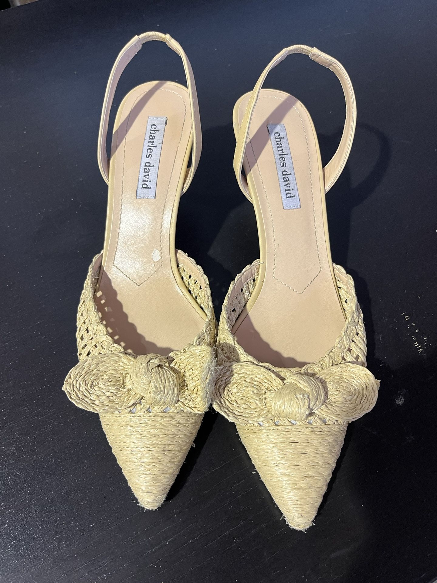 CHARLES DAVID ALLYSON $20!  Size 9.5, Raffia upper, 2.83" stiletto heel  Pointed toe, local pickup only $20