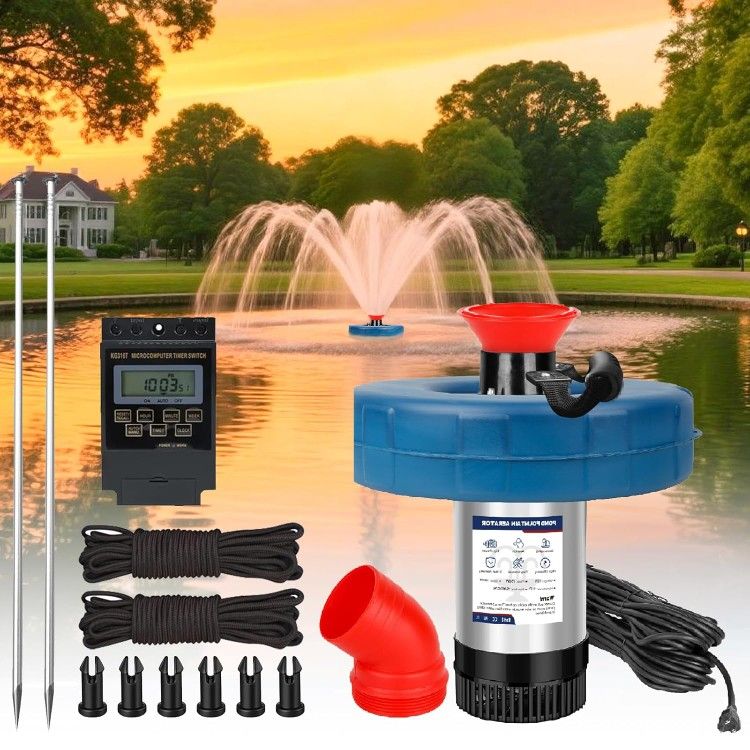 Pond Fountain Aerator 750W -Pond Fountain -1HP 15000 GPH Floating Aerator Pump-100ft Power Cord-2×Metal Ground Stakes-33x2Ft traction rope -For Ponds 