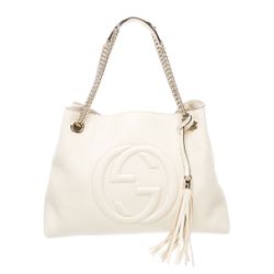 Authentic Gucci Soho Leather Chain Shoulder Bag Ivory GG Logo Tassel