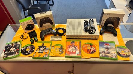 Xbox One S 365GB -wired & wireless controllers/batteries/charger/cords/4 Games