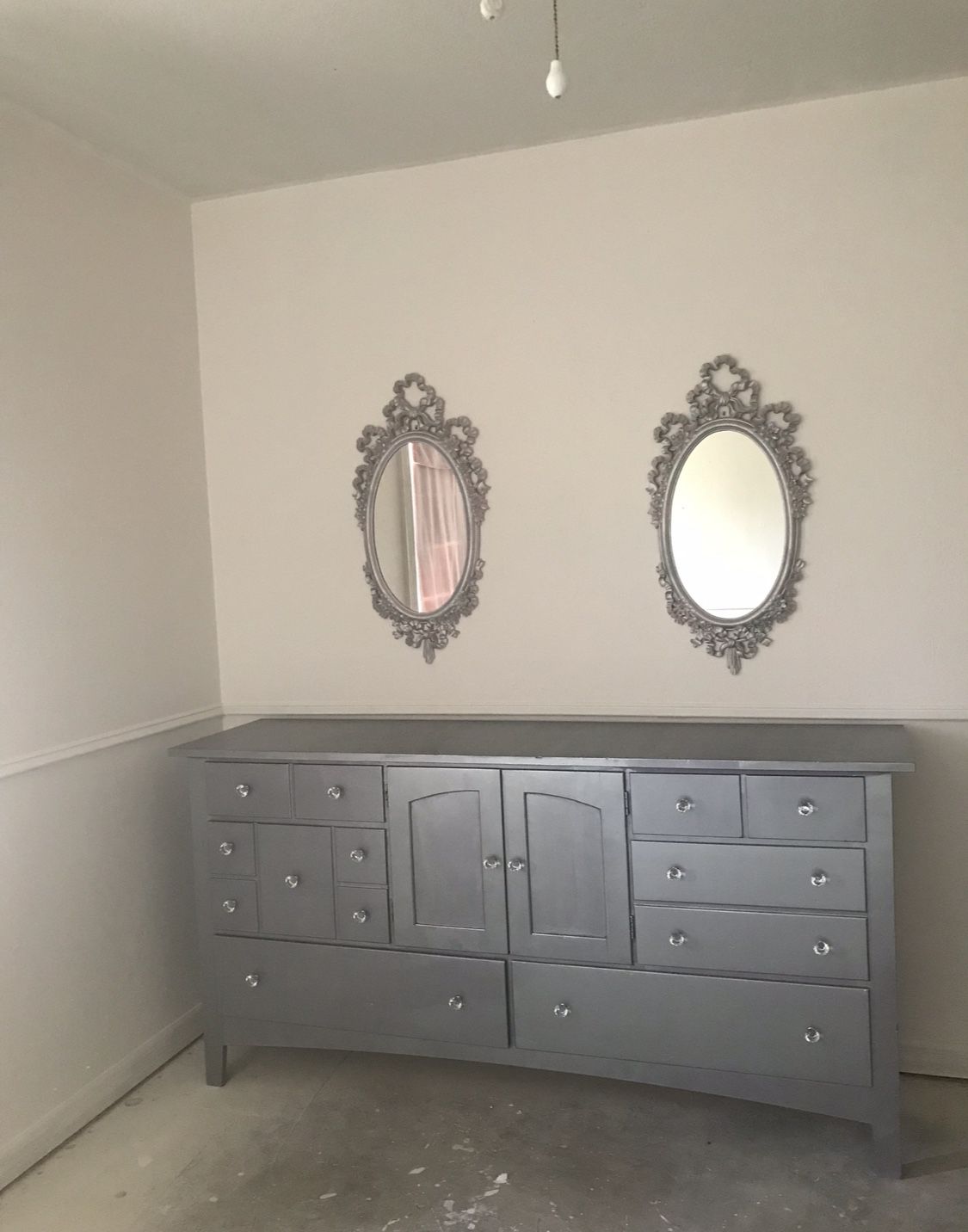 Pennsylvania House Double Dresser Refinished In Silver W Crystal Knobs And Matching Antique Frames
