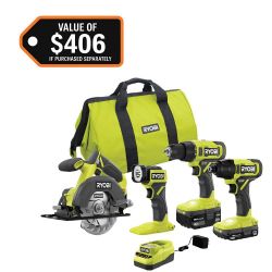 Ryobi 18V 4 Tool Set with Batteries Charger Bag