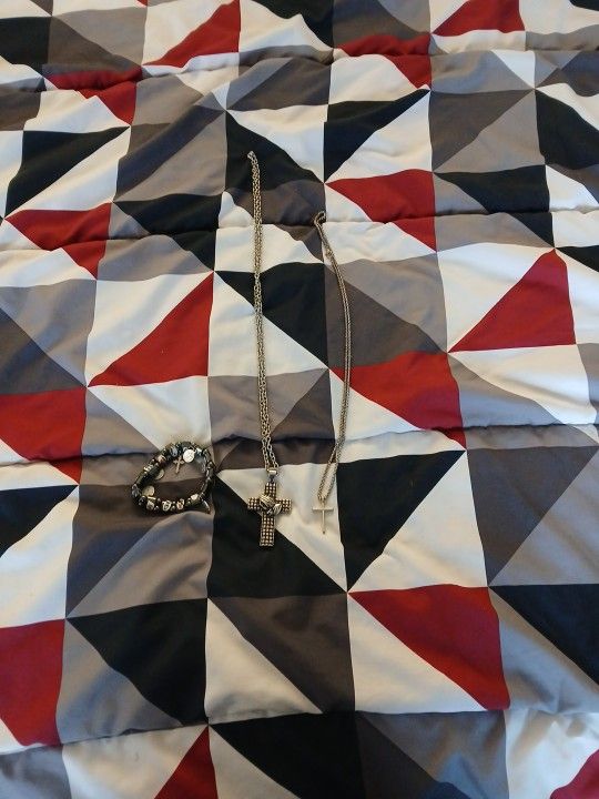 Silver Cross With Praying π Hands, Silver Cross , & Bracelets With Christian Saints And Jesus Christ.