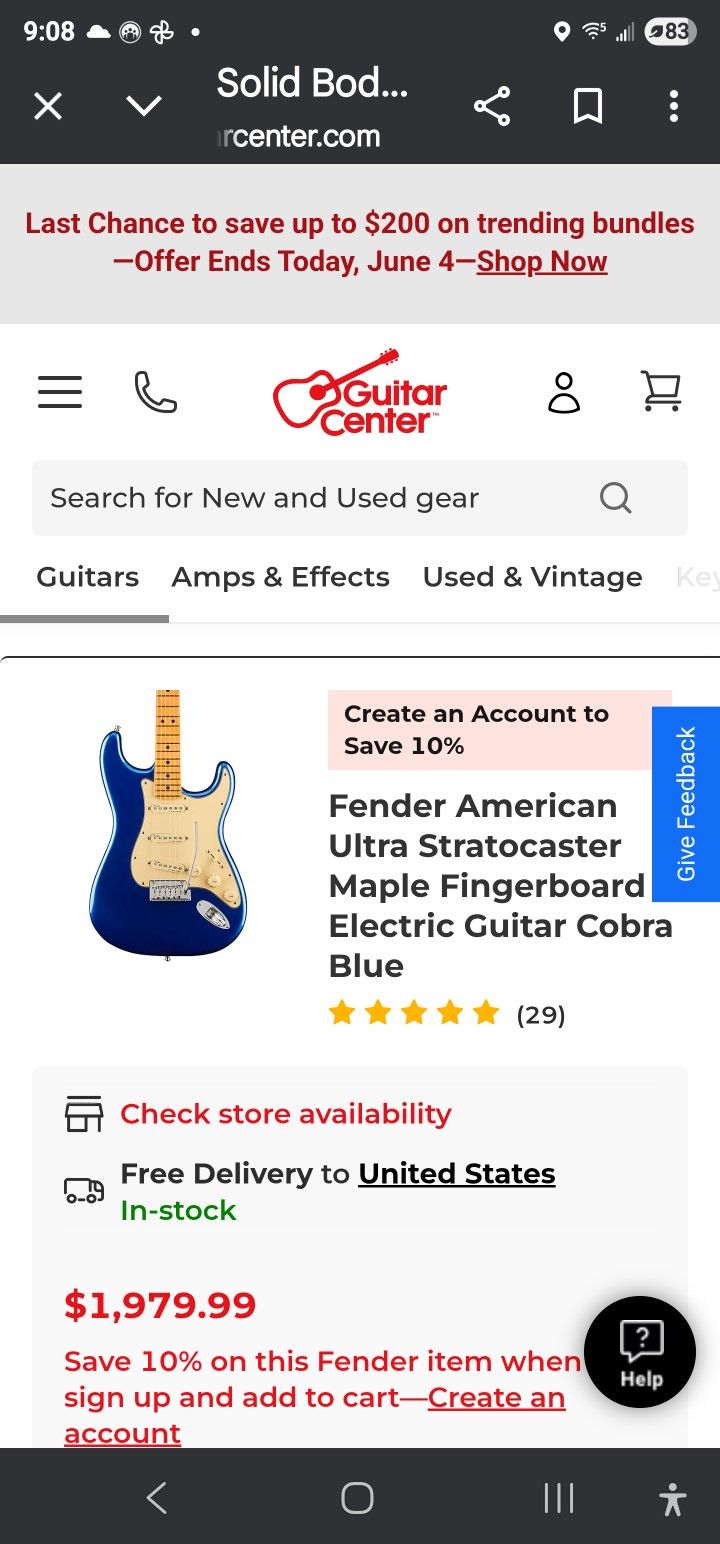 Fender American Ultra Stratocaster Cobra Blue With Fender Mustang 40 LTS Amp And Footswitch