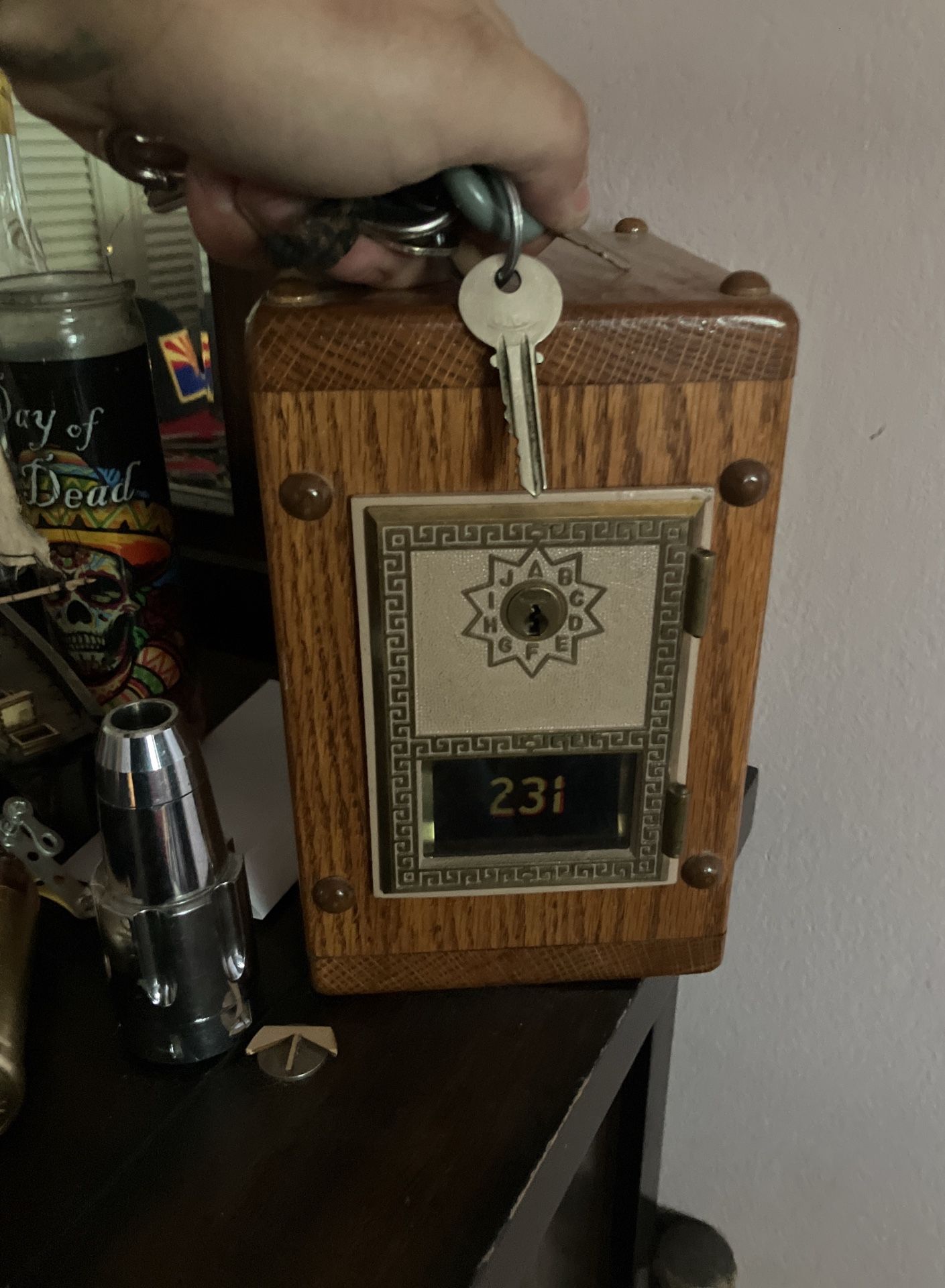Antique post office lock box with key