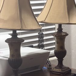 Golden Bronze Table Lamp with Fabric Lampshade Victorian-Looking Vintage