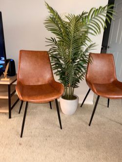Dining Chairs Set of 2, Modern Kitchen & Dining Room Chairs, Upholstered Faux Leather Cushion Seat and Sturdy Metal Legs (2 Brown Chairs)