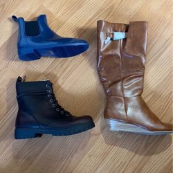 Tall Bronze Boots 28.00 Size 9 Black Boots Size 9 25.00 Dollars Blue Rain Boots 20..00 Dollars