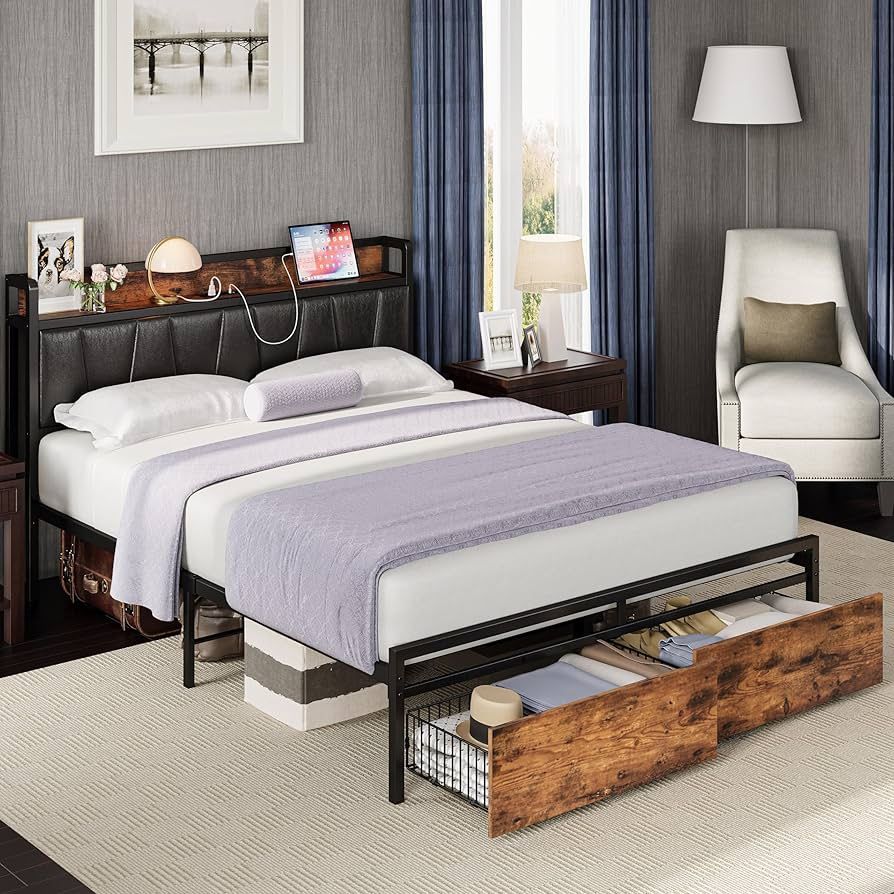 King Size Bed Frame, Storage Headboard with Charging Station, Platform Bed with Drawers, No Box Spring Needed, Easy Assembly, Vintage Brown and Black