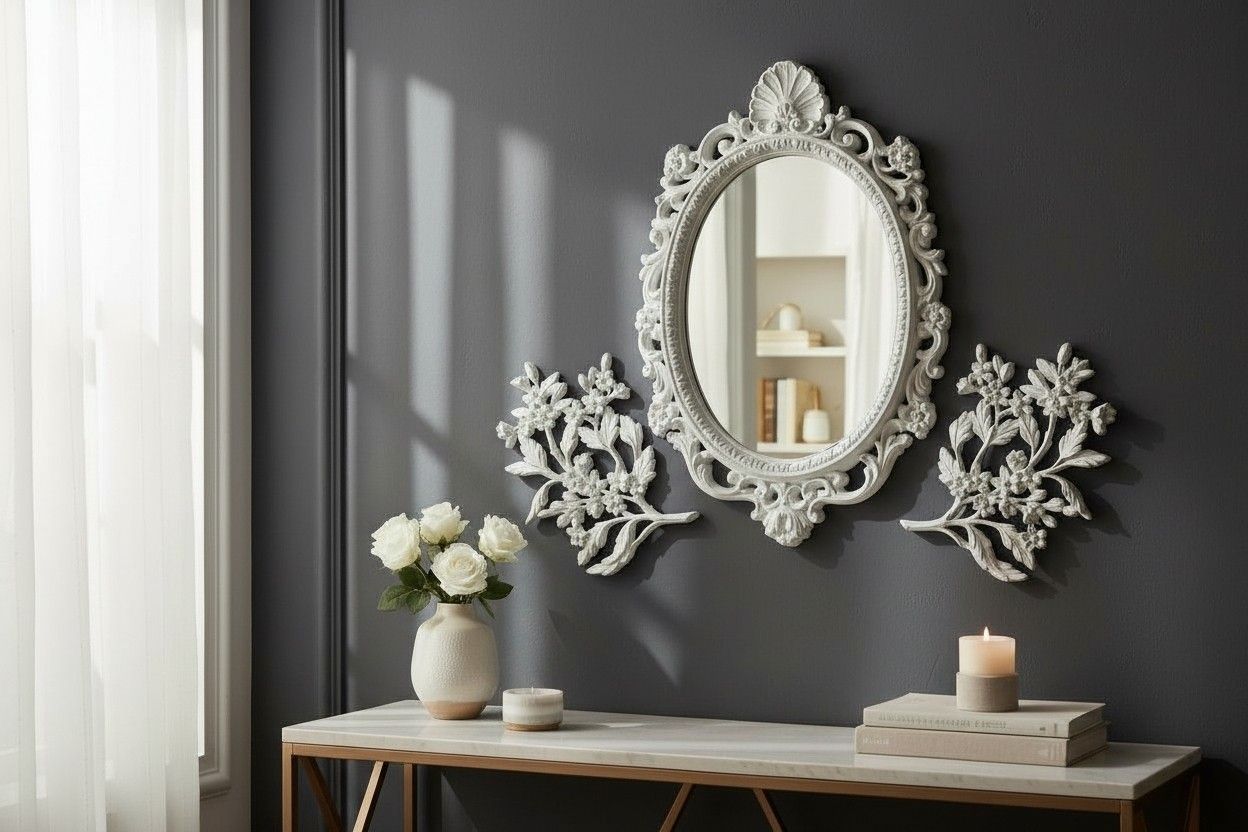 Vintage oval mirror and w/ pair of 1967 Syroco dogwood flowers plaques