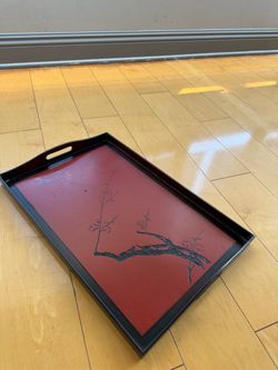 Red Lacquer Serving Tray with Floral Design