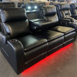 New Black Power Reclining Theater-Style Sofa w/ Drop Table,4 cup holders,LED & Reading lights & USBs