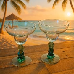 Vintage Luminarc Siesta Jade Margarita Glasses Set of Two – Green Cactus Stem with Sombrero Man Design