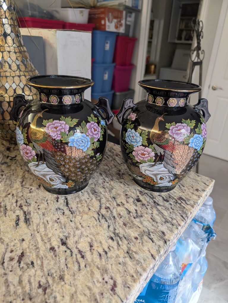 2 Peacock Floral Japanese Vases. 13 Inches