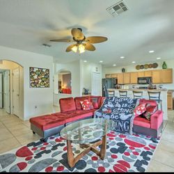 Red microfiber And Faux Leather Sectional With ottoman