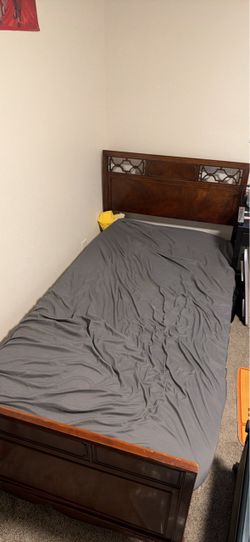 Twin Wooden Bed Frame with Decorative Headboard + Mattress + Mattress Topper