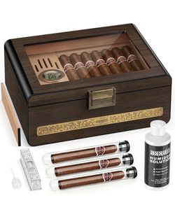 Cigar Humidor, Cedar Wood Humidor Cigar Box, Glass Top Desktop Cigar Case with Hygrometer, Humidifier, Divider, Dropper,Desktop Humidors with Sealed F
