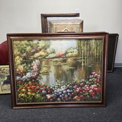 Large painting - pond & flowers, willow tree, beautiful
