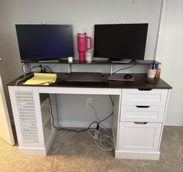 55inch Farmhouse Executive Desk with 2 Drawers and File Cabinet, Computer Desk with 3-Tier Storage Shelves, Home Office Desk with Charging Station, Pe