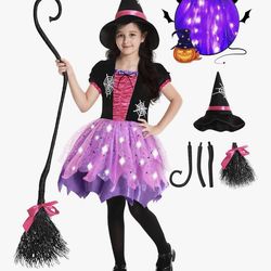 Halloween Witch Costume for Girls, Light Up Witch Dress with Hat and Broom, Toddler Costumes