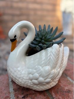 Ceramic swan planter no drainage hole with fake plant
