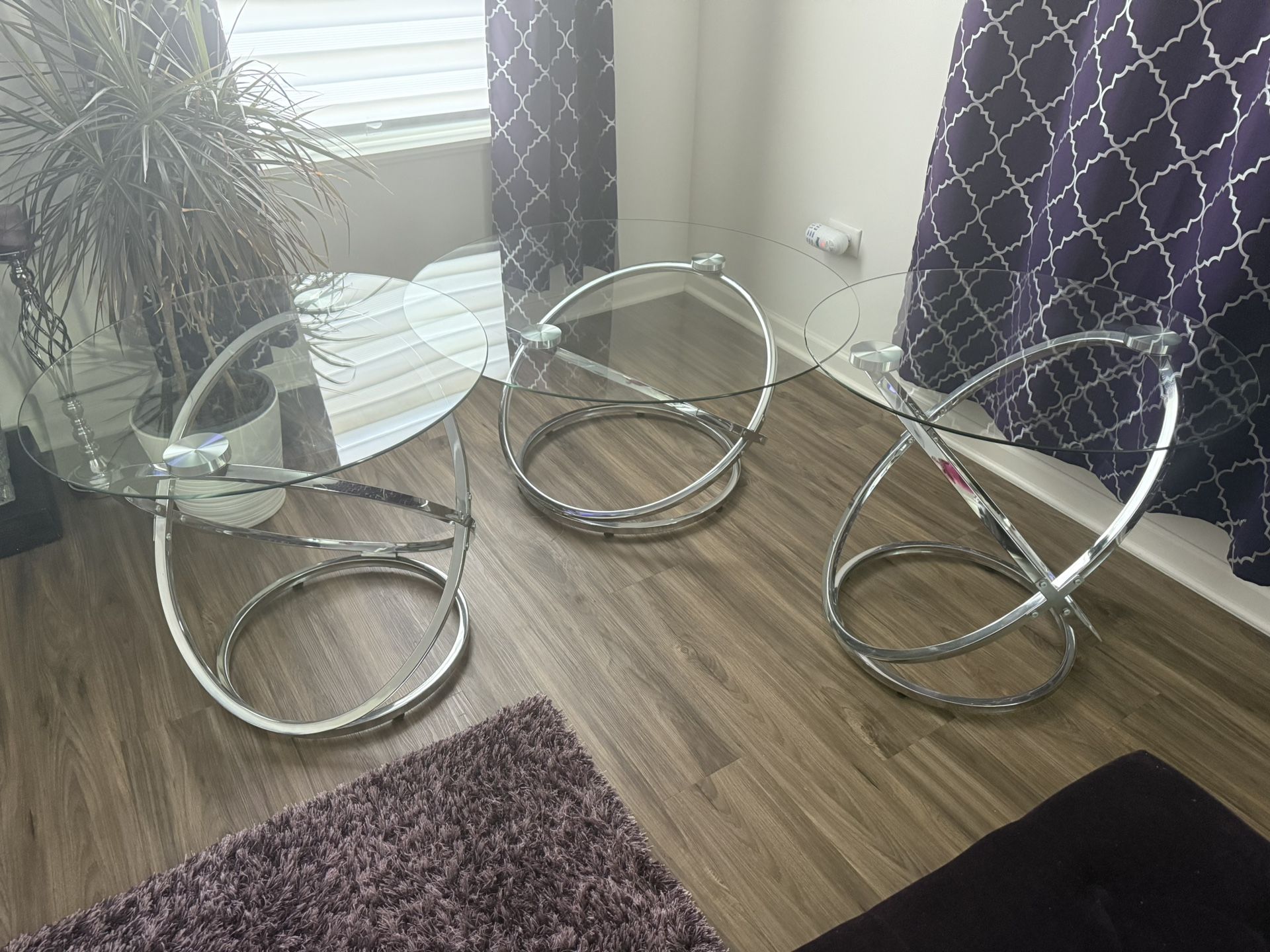 3 Pieces Glass And Metal Tables Excellent Condition