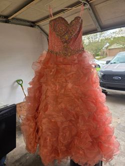 Coral Beaded Ball Gown Party Dress