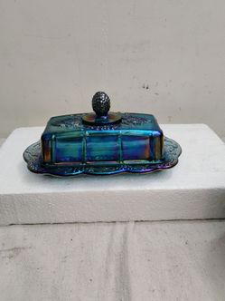 Carnival glass grape harvest butter dish